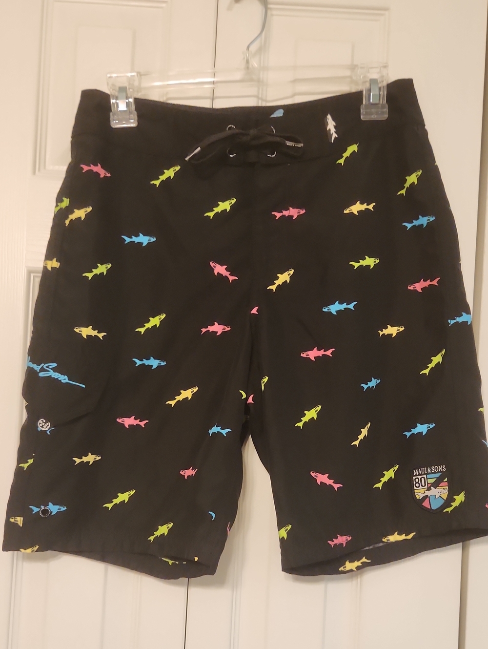 Maui & Sons Black Neon Shark Print Board / Swim Shorts